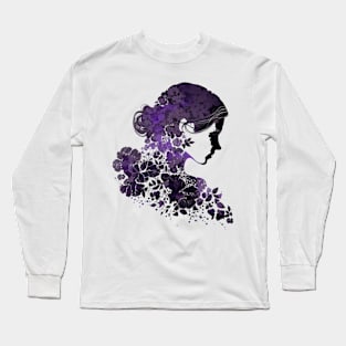 Silhouette of Woman with Purple Flowers Long Sleeve T-Shirt